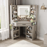 Makeup Vanity Desk, Corner Vanity Desk with HD LED Mirror, Lots Storage Shelves, 2 Drawers & Cabinets, Vanity with Charging Station, 3 Lighting Modes with Adjustable Brightness Maupvit
