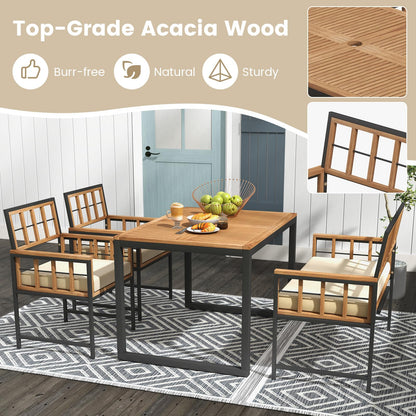 Tangkula 4 Piece Patio Dining Set, Outdoor Wood Dining Furniture W/ 2 Chairs & 1 Loveseat, 47” Acacia Wood Table W/Umbrella Hole, Cozy Seat Cushions, Outside Furniture Set for Backyard, Poolside