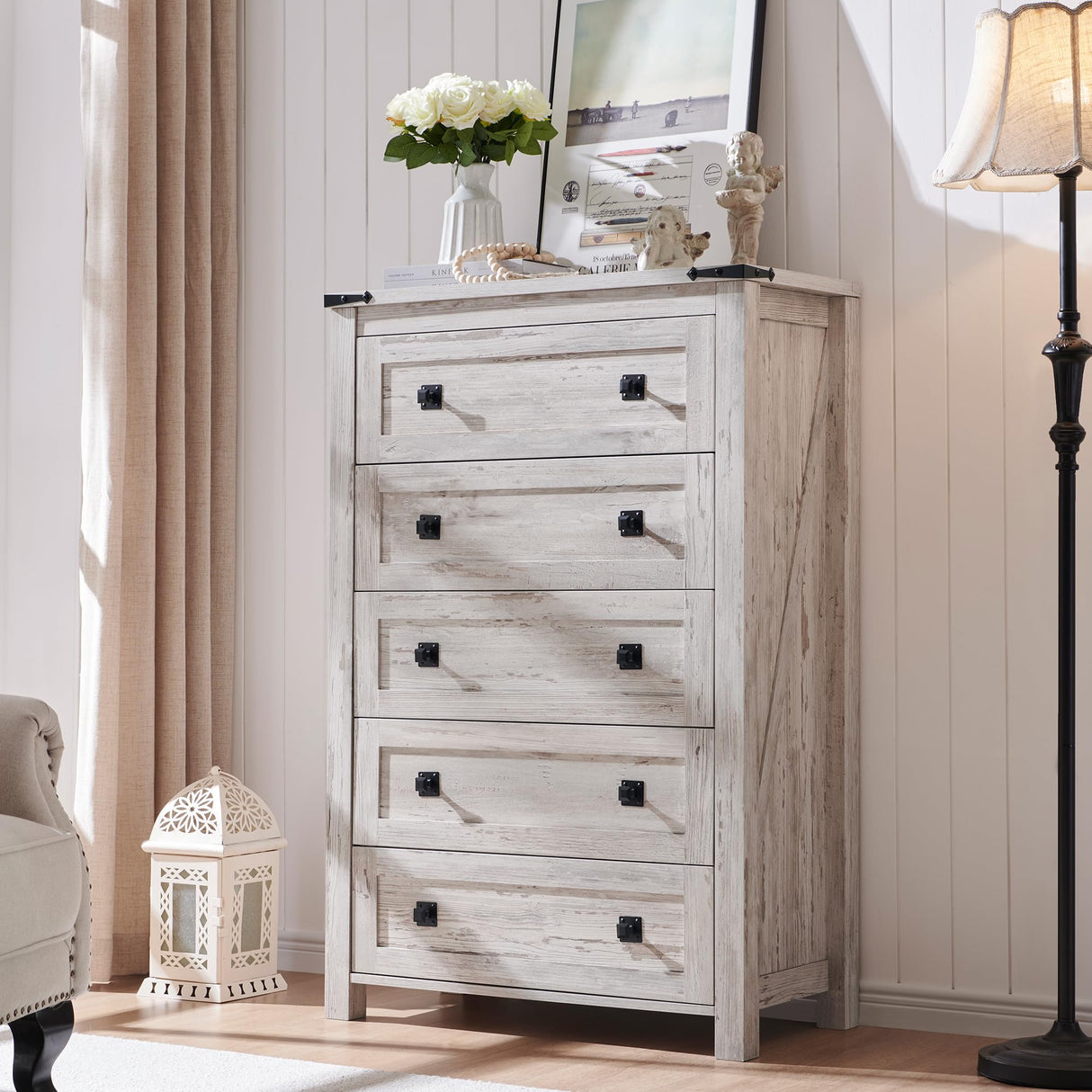 RedLemon Farmhouse 5 Drawer Dresser, 48" Tall Rustic Chest of Drawers, Wood Dresser for Bedroom, Living Room, Hallway, Antique Brush White RedLemon