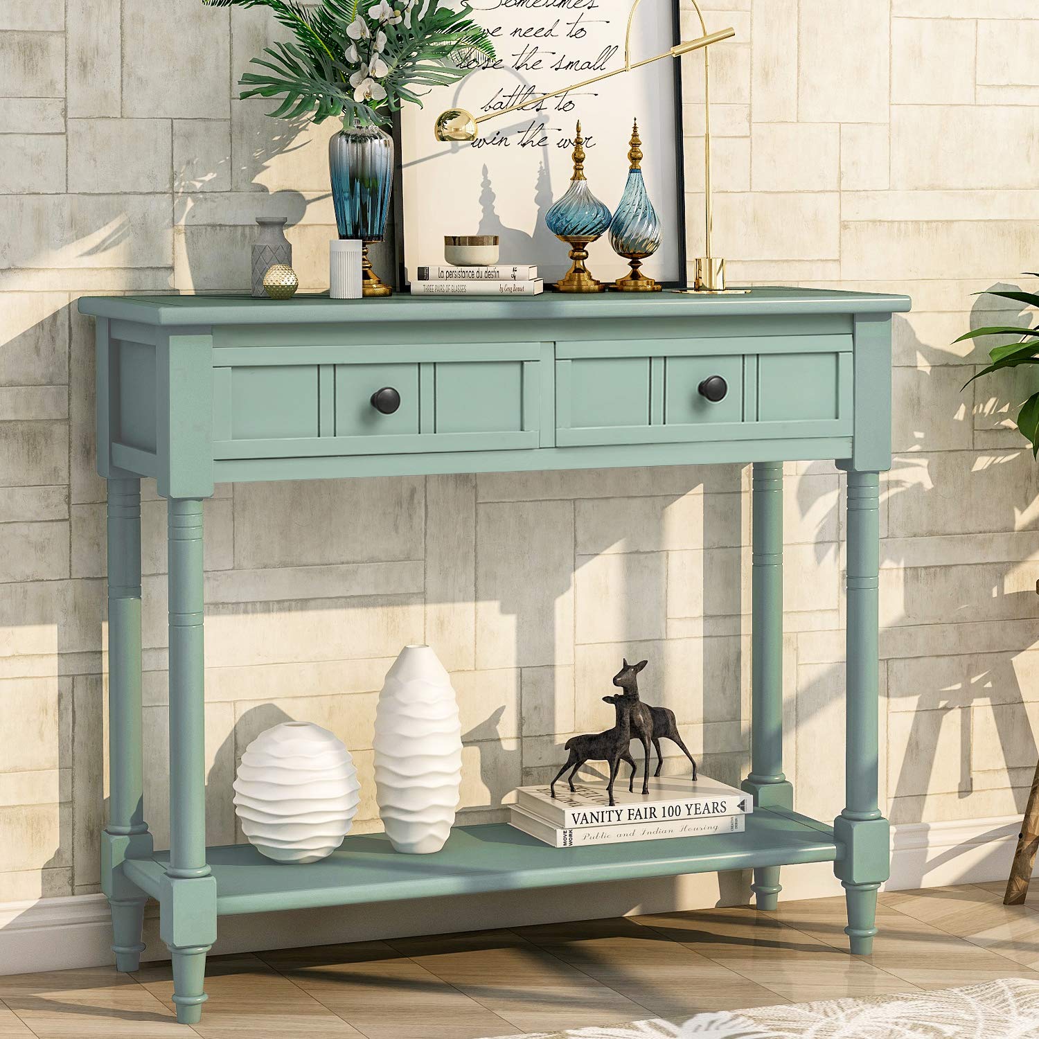 Merax Wood Farmhouse Entry Way Hallway Console Table with Drawers and Bottom Shelf Narrow Blue - WoodArtSupply