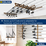 Rush Creek Creations 11-Rod Wall or Ceiling Fishing Rod Storage Rack, Vertical or Horizontal Garage Fishing Rod Holder with 11 Rod Capacity, Light Wood Grain Rush Creek Creations