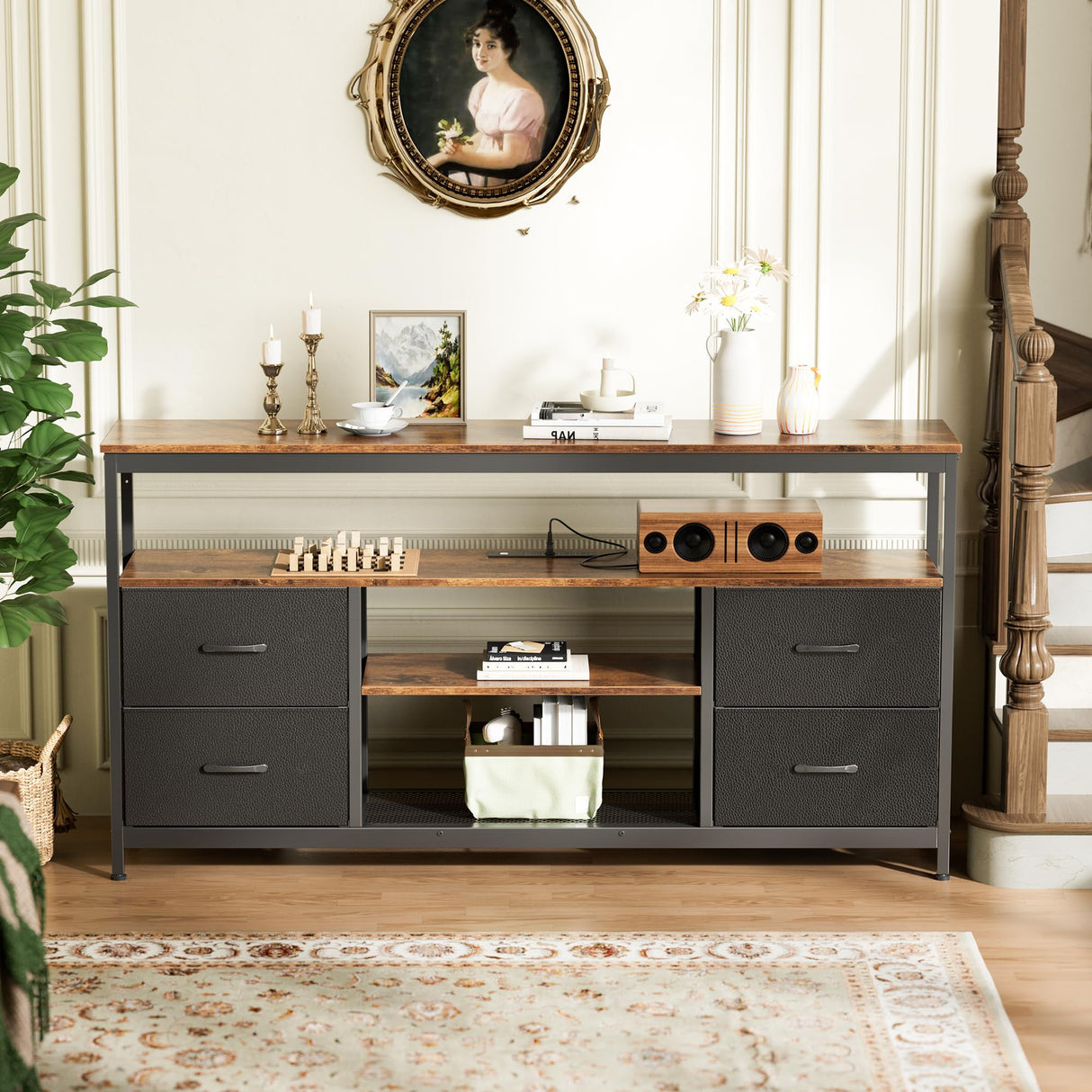 Huuger TV Stand Dresser with Power Outlets and LED Lights, 4 Drawers Entertainment Center with Shelves, 54 Inch Media Console for 55 60 Inch TV, PU Finish, Rustic Brown and Black Huuger