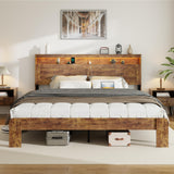 PAUKIN King Size Wooden Bed Frame with Headboard, Rustic Farmhouse Wooden Bedframe with LED Lights and Charging Station, Easy Assembly, No Box Spring Needed (Rustic Brown, King) PAUKIN