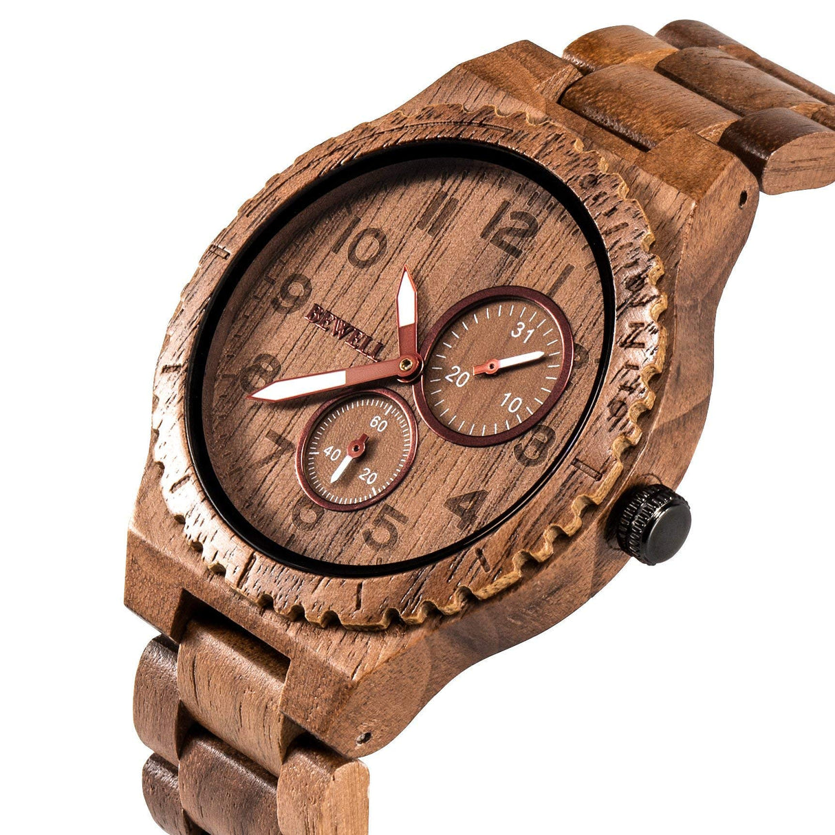 BEWELL Mens Wood Watch Quartz Analog Date Display Luminous Retro Handmade Wooden Wristwatch for Men (Walnut) BEWELL