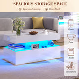 LUXOAK 3 Pieces Living Room Table Set, Modern High Gloss Coffee Table Set with LED Light and Storage Space, 2 End Side Tables with Charging Station for Living Room, Office, White LUXOAK