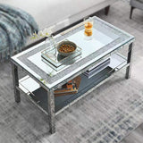 Olodumare Elegant 2 Tiers of Shiny Silver Mirrored Coffee Table, Crystals Inlay,and Stainless Steel Frame,Modern Rectangle Cocktail Table/End Table for Living Room and Kitchen, 35 Inches Olodumare