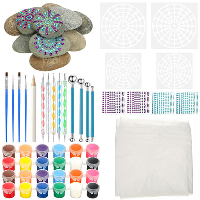 RoundFunny Mandala Rock Painting Kit - 10 Pcs Flat Rocks for Painting 3-4 Inches, Mandala Dotting Tools Kit, Mandala Stencils, Acrylic Paints, Dotting Tools for Painting Rocks for DIY Arts & Crafting