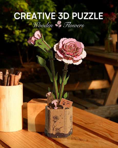 ROBOTIME 3D Puzzle Wooden Flower Pink Carnation DIY Model Kit to Build for Adults Artifical Bouquet Collection Craft Brain Teaser Puzzle Creative Gift Home Decor ROBOTIME