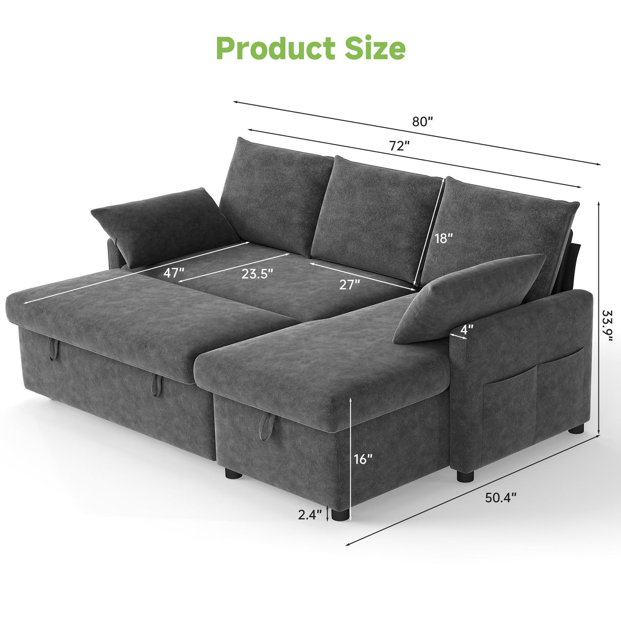 Real Relax 80'' Sofa Bed, L Shaped Chenille Sleeper Sofa Couch with Pull Out Bed and Chaise Storage for Living Room, Apartment and Office, Dark Gray Real Relax