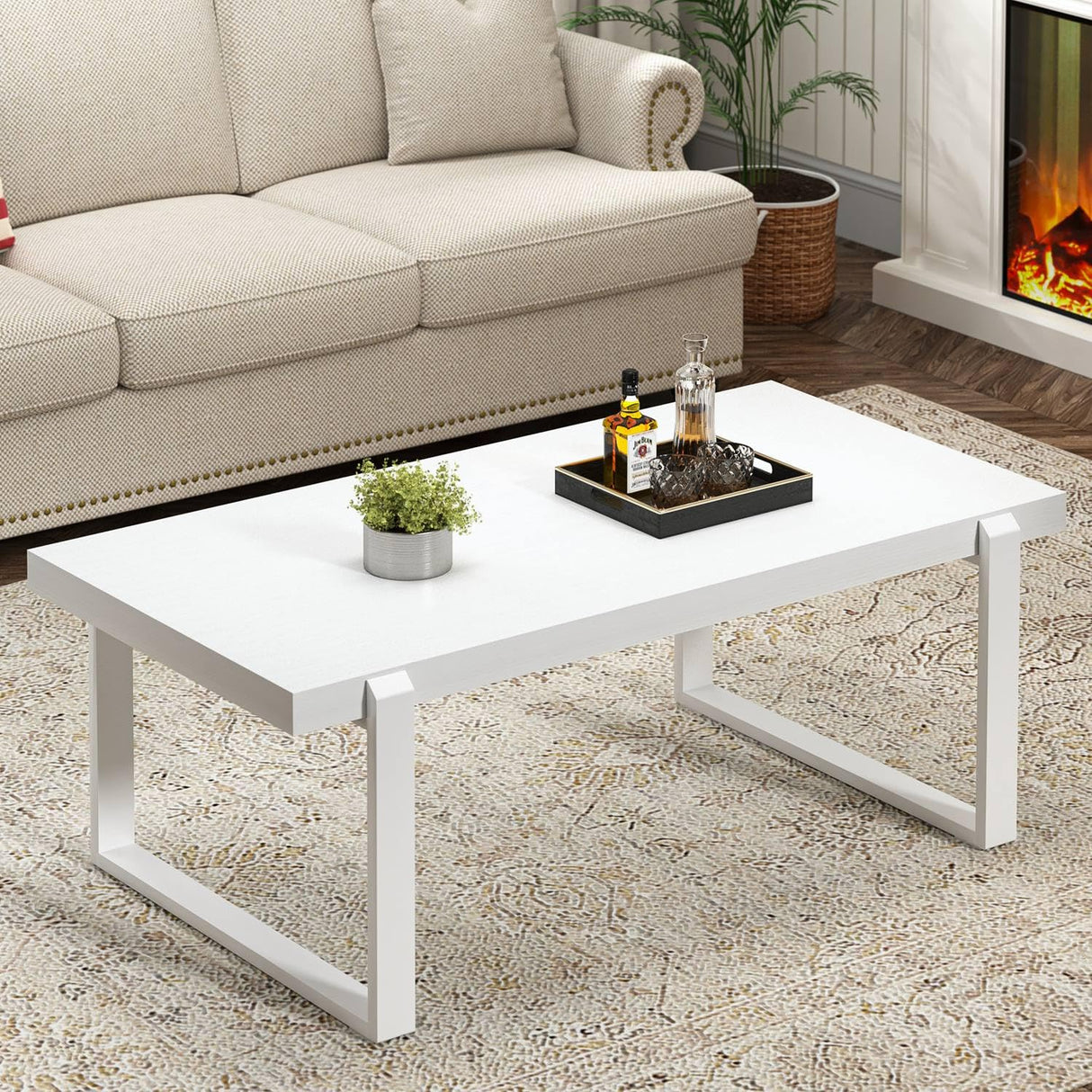 FOLUBAN White Coffee Table, Modern Rustic Wood and Metal Center Table, Rectangle Cocktail Tea Table for Living Room, 47 Inch FOLUBAN
