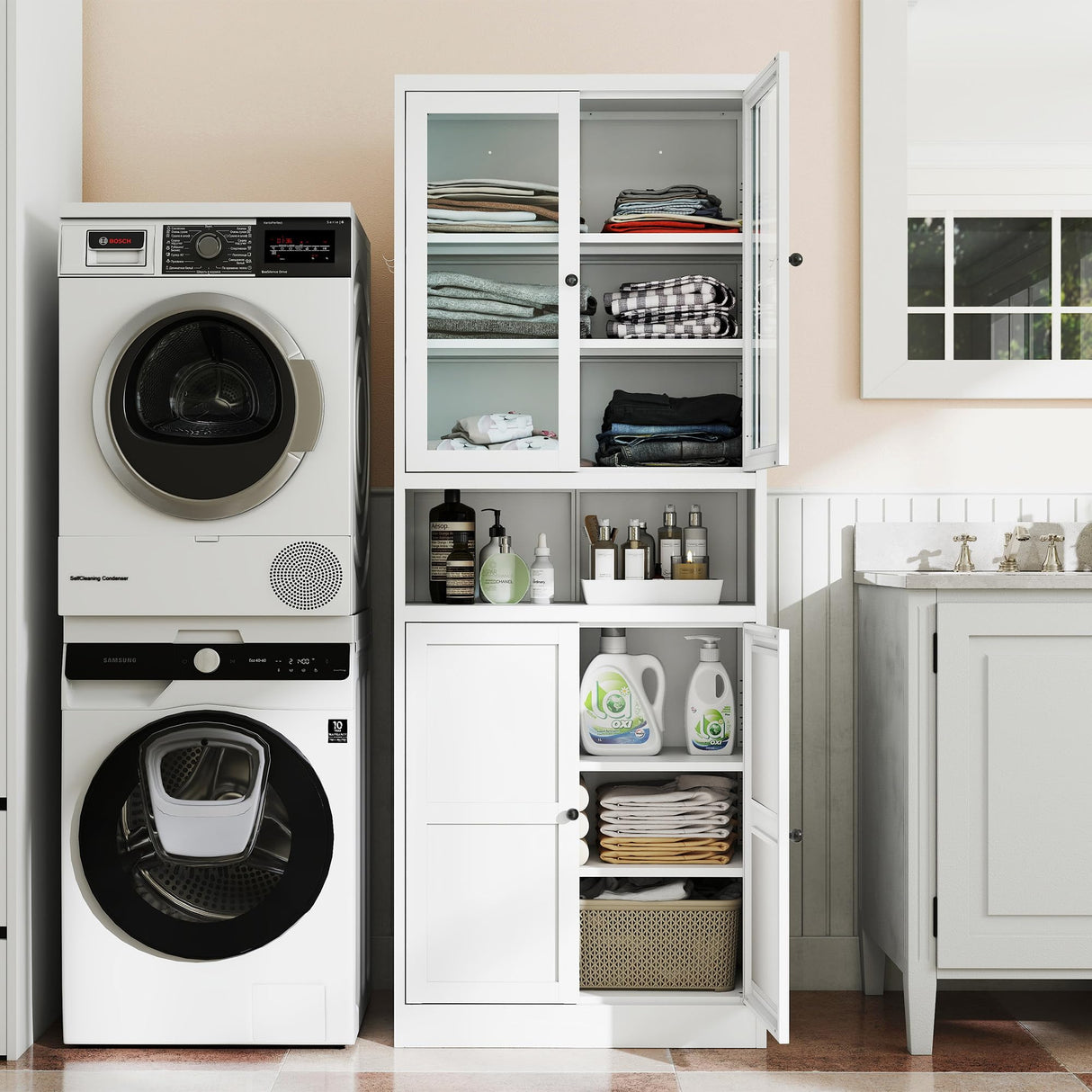 AQY Kitchen Pantry Cabinet,72" White Pantry Storage Cabinet with Adjustable Shelves and Glass Doors,Freestanding Cupboard,Metal Pantry Cabinets with Handle for Living Room Kitchen Assembly Required AQY