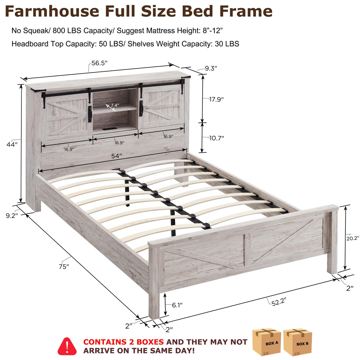 T4TREAM Farmhouse Full Size Bed Frame w/Storage Bookcase Headboard, Sliding Barn Door, Charging Station, Rustic Wood Platform Bed w/Wood Slats Support, No Box Spring Needed, Antique Brush White T4TREAM