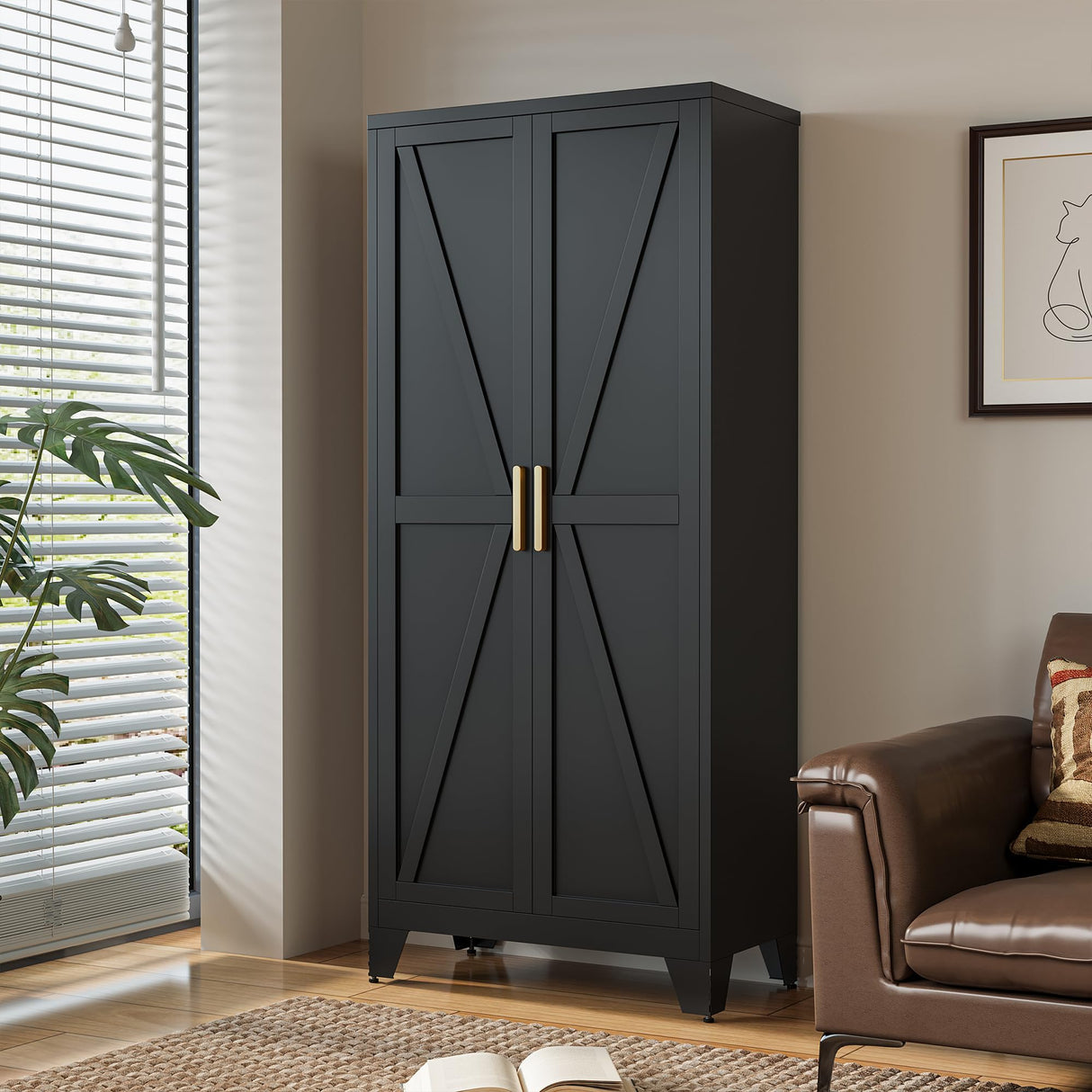 71" Tall Metal Storage Cabinet with 2 Doors and 4 Adjustable Shelves, 5-Tier Kitchen Pantry Storage Cabinet for Kitchen, Living Room, Dining Room and Office, Black LCAOPC