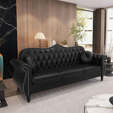 RUSTYER Chesterfield Three Seater Sofa, Mid-Century Modern Faux Leather 3-Seater Upholstered Couch, Tufted Living Room Sofa with 2 Pillows and Button Nailhead, Black RUSTYER