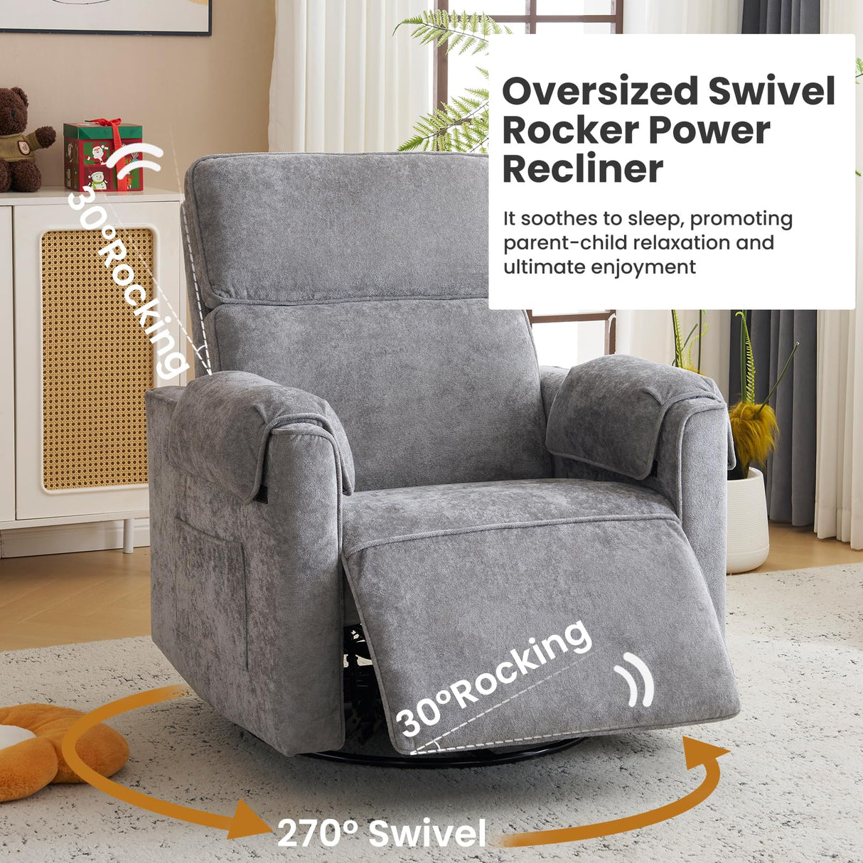 Oversized Power Recliner Chair Swivel Glider with Adjustable Headrest, Swivel Rocking Recliner Chair for Adults, 26" Extra Wide Glider Nursery Chair with Overstuffed Armrest, USB Ports, Grey RUTOX