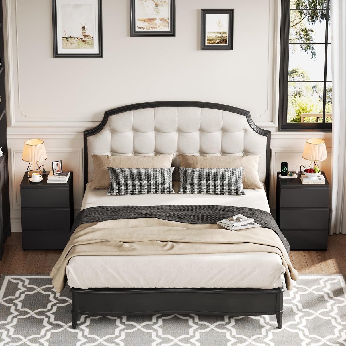 FOTOSOK Black Nightstand, 26" H Black Night Stand with Charging Station, Black Nightstand with USB Ports & Power Outlets, Silent Slides, Wooden End Side Table Bedside Table with 3 Drawers for Bedroom FOTOSOK