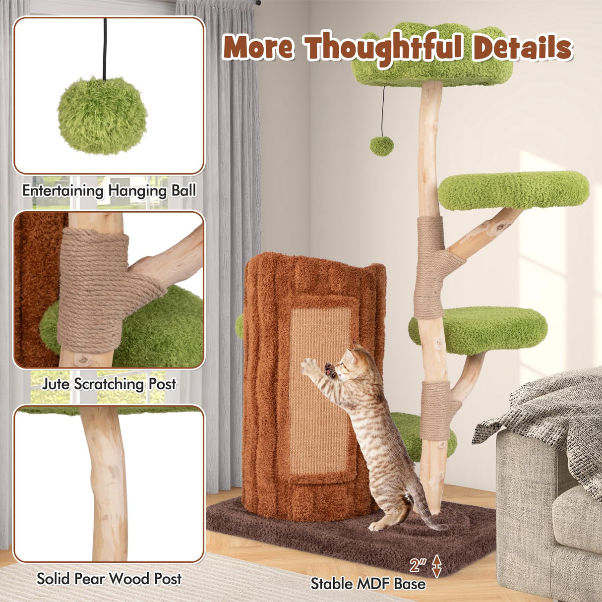 PETSITE 55 Inch Wood Cat Tree, Multi-Level Cat Tower with Double Decker Cat House, Scratching Posts and Sisal Board, Soft Padded Platforms, and Hanging Toy, Wooden Large Cat Tree Tower for Indoor Cats PETSITE