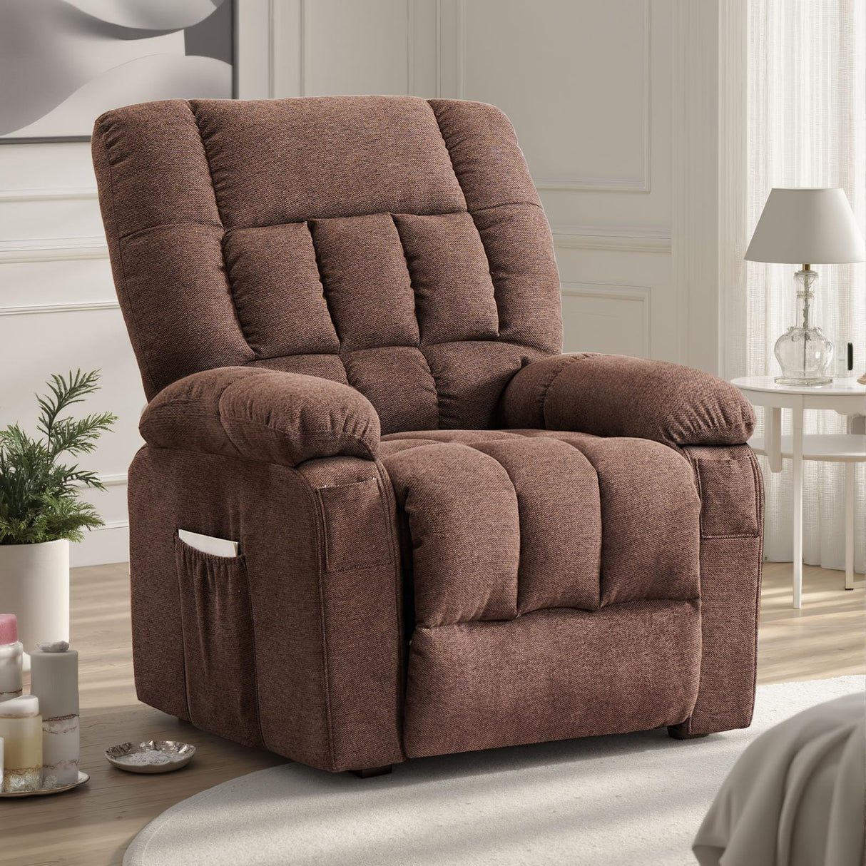 Sweetcrispy Power Lift Recliner Chair with Vibration Massage and Heat for Elderly, Ergonomic Overstuffed Breathable Fabric Reclining Chair with 3 Pockets, Remote Control, Living Room, Bedroom, Tan Sweetcrispy