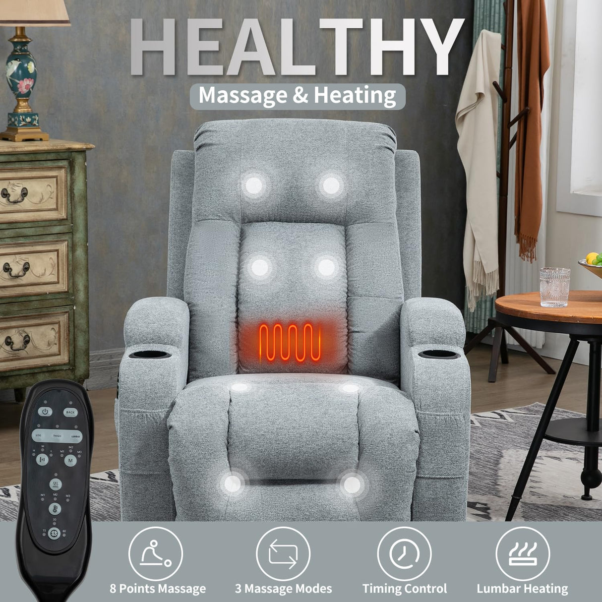 Trustyue 2024 Power Lift Recliner Chair with Heat and Massage for Elderly, Electric Recliner Chairs with Standing Assistance, 2 Cup Holders, 4 Pockets, USB Charge Port, Linen Fabric Teal Gray Trustyue