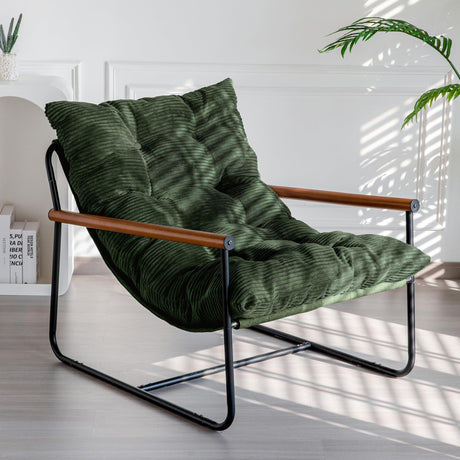 MAXYOYO Modern Accent Chair, Comfy Living Room Chair with Metal Frame Wooden Armrest, Upholstered Armchair with Soft Cushion for Bedroom Balcony Lounge Reading Room, Dark Green MAXYOYO