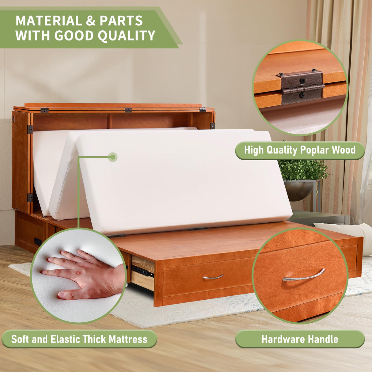 EDWINENE Queen Murphy Bed with Mattress Included, Murphy Bed Cabinet with Drawers and Charging Station for Small Spaces, Home Offices (Circular Pattern, Cherry) EDWINENE