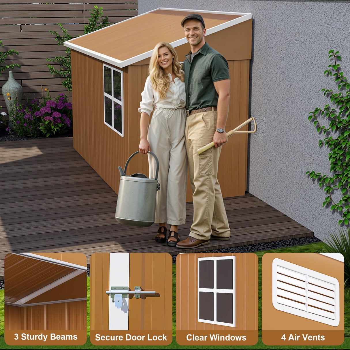 YOPTO 8x4 FT Sheds & Outdoor Storage,Heavy-Duty Metal Steel Shed with Windows and Weatherproof Sloped Roof,Waterproof Tool Sheds w/Lockable Door & Ventilation,for Garden,Lawn,Brown YOPTO