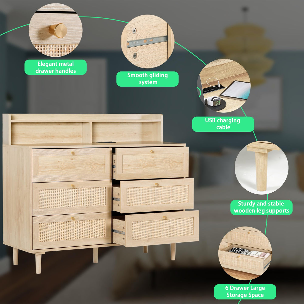 UNDUSLUY 6 Drawer Rattan Double Dresser for Bedroom with Shelves, Wood Chest of Dressers, Modern Dresser Chest with Charging Station for Closet, Living Room and Entryway, Natural UNDUSLUY