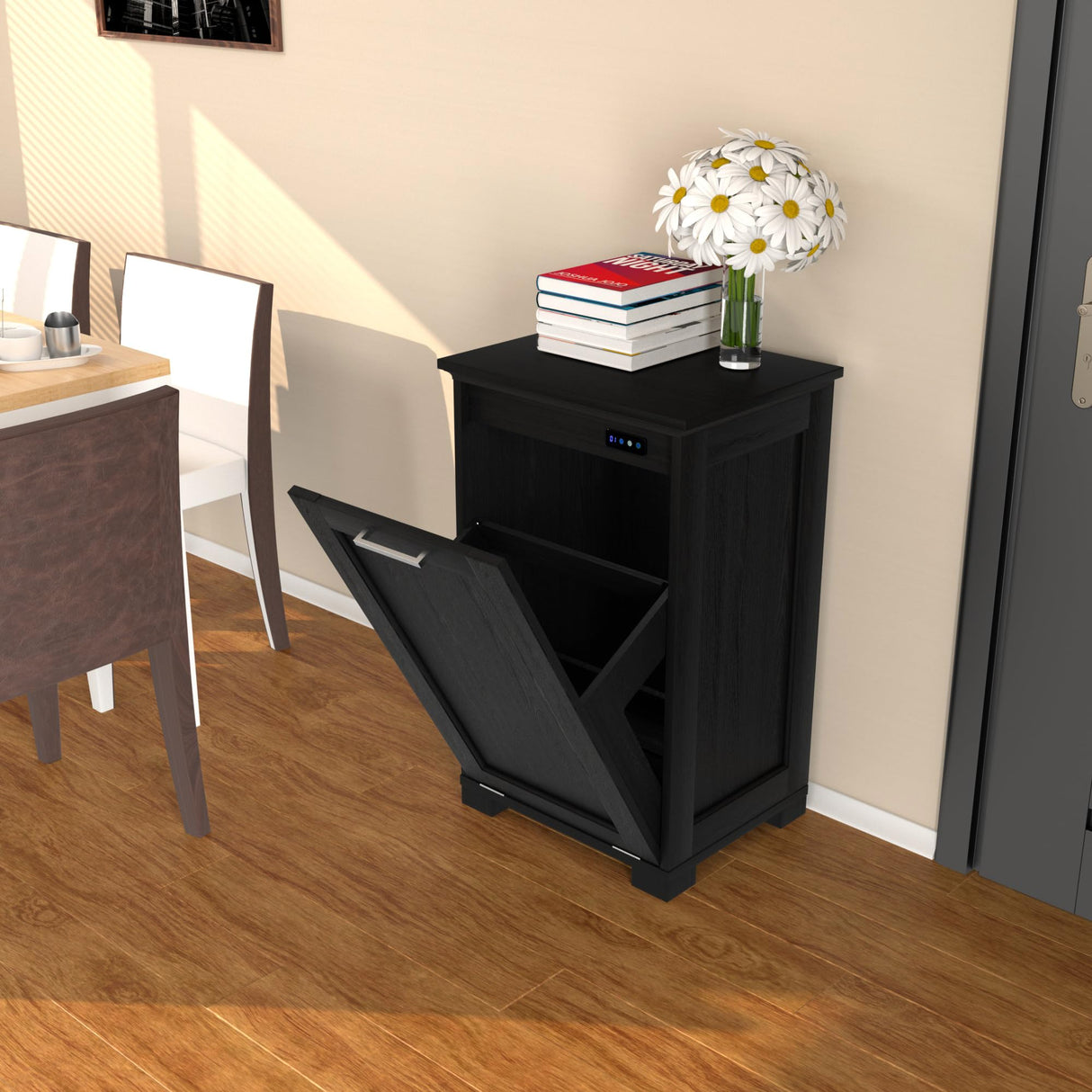 Ymise Tilt Out Trash Can Cabinet, 10 Gallons Trash Cabinet with Deodorising Function, Wooden Freestanding Garbage Can Cabinet for Home and Kitchen Hidden Laundry Hamper Cabinet, Black Ymise