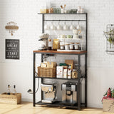 Txecpro kitchen Bakers Rack with Power Outlet, Coffee Bar Table 4 Tiers, Microwave Stand with 6 S-shaped Hooks, Kitchen Storage Shelf Rack for Spices, Pots and Pans，25.6" L x 12" W x 53.5" H Txecpro