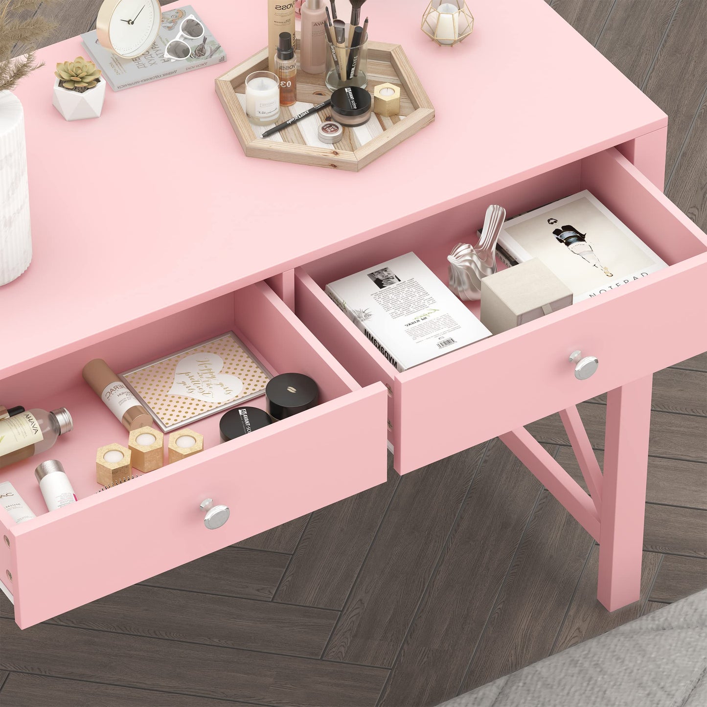 WiberWi Home Office Desk with Drawers, Modern Writing Computer Desk for Bedroom, Small Pink Makeup Vanity Table Desk for Girls, Study Table for Home Office