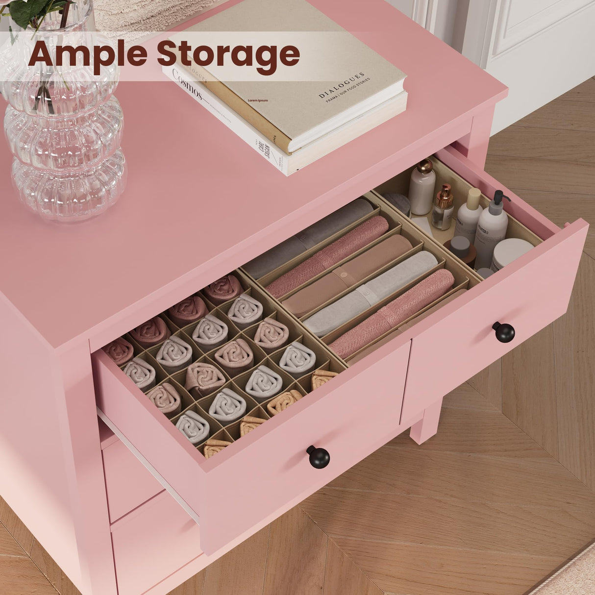 FansaFurn 3 Drawer Dresser with Soft-Close Drawers, Wood Nightstand Cabinet with 3 Spacious Drawers, Chest of Drawers, Modern Wood Dresser, Ideal for Bedroom, Living Room, Entryway, Hallway, Pink FansaFurn