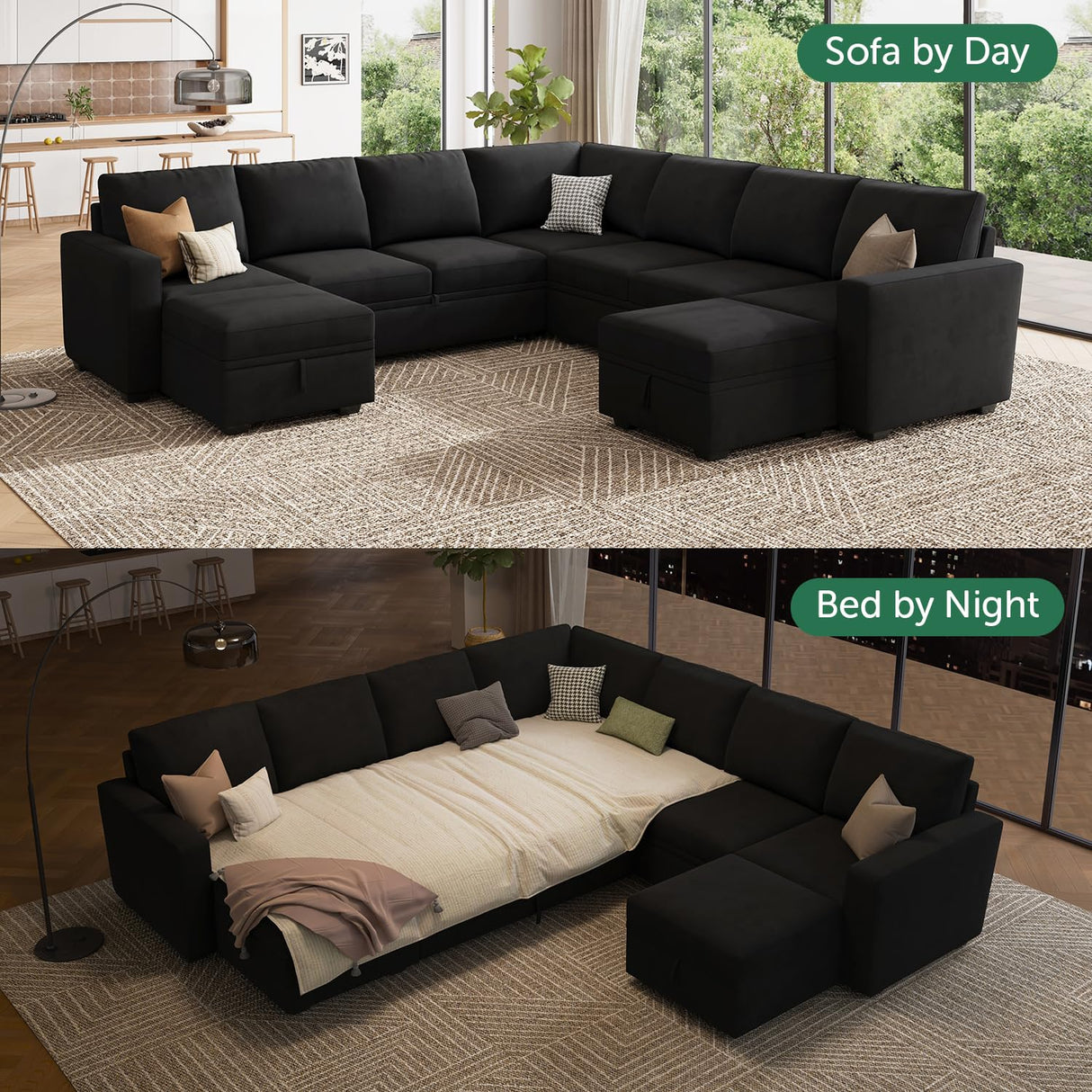 HONBAY Modular Sectional Sleeper Sofa with Pull Out Couch, Oversized U Shaped Sleeper Pull Out Bed with Storage Sectional Couches for Living Room - Black HONBAY