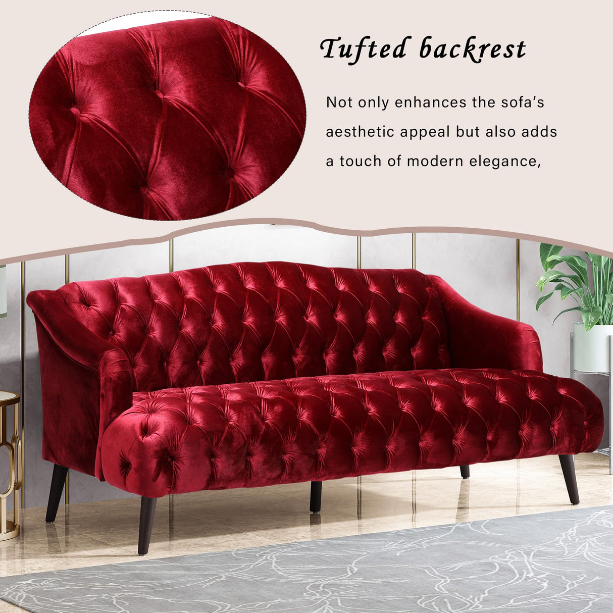 Christopher Knight Home Minxi Velvet Sofa Couch, Home Sofa Living Room with Birch Wood Legs, Comfort Modern 3 Seater Couch with Button Tufted Diamond Stitch, Luxury Chaise Lounge Chair, Wine Red Christopher Knight Home