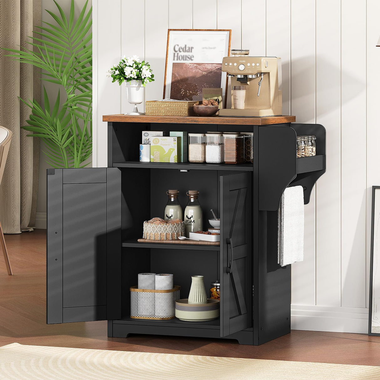 YATINEY Coffee Bar Cabinet, Kitchen Island with Storage, Farmhouse Sideboard Buffet Cabinet with Dual-Purpose Floating Shelf and Hooks, for Restaurant, Living Room, Rustic Brown KF22BR YATINEY