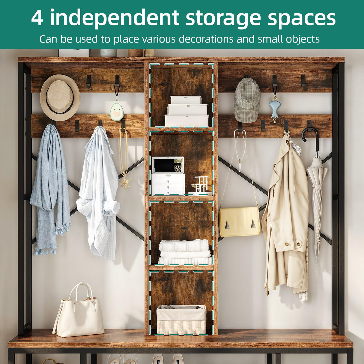 YITAHOME Farmhouse Entryway Bench with Coat Rack 59", 5-in-1 Hall Tree with Bench and Shoe Storage for Entrance, Living Room, Bedroom, Rustic Brown YITAHOME