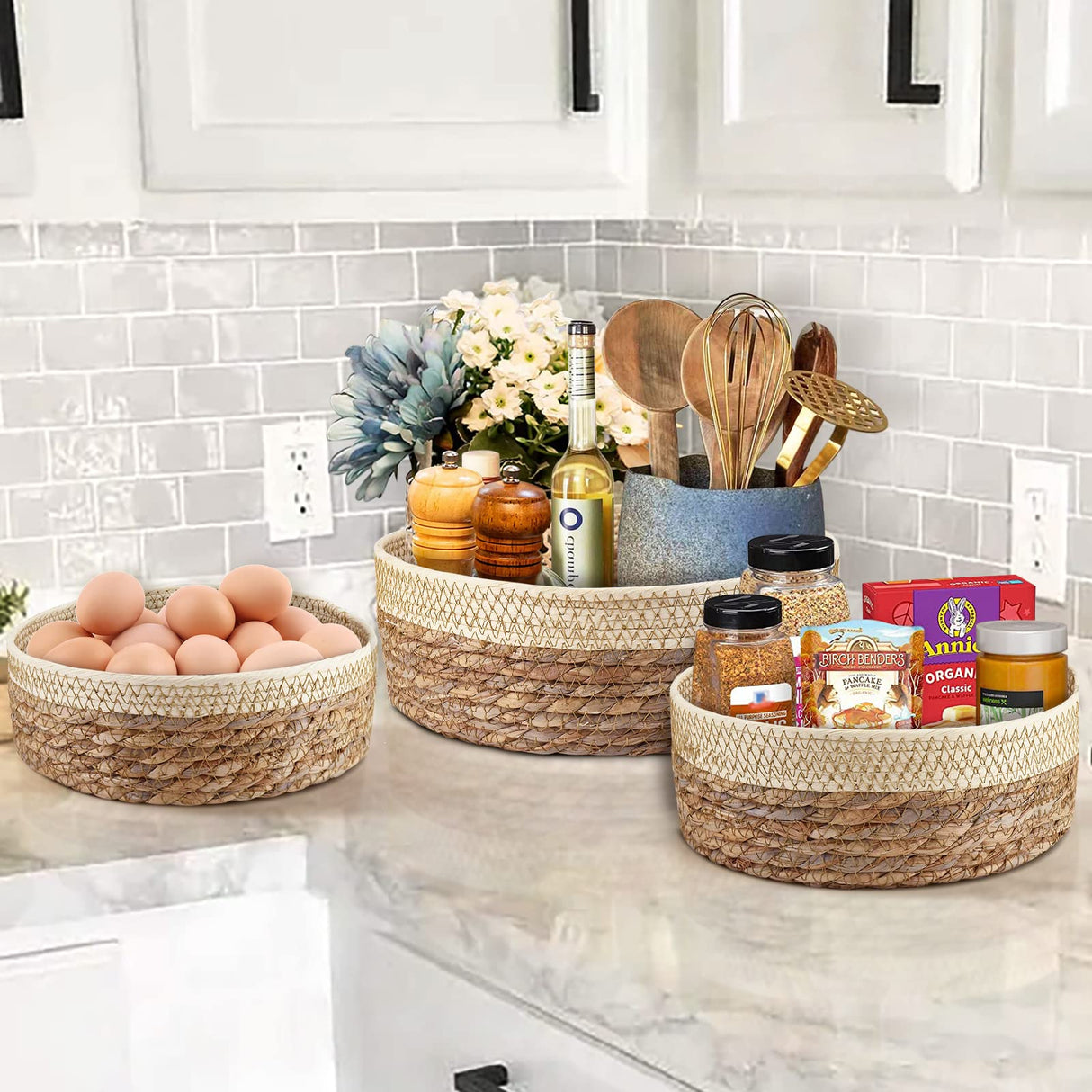Round Rattan Baskets Set for Organizing Wicker Storage Basket for Fruit, Bread Serving Decorative Gift Baskets Empty, Countertop Baskets for Pantry and Bathroom Unistyle