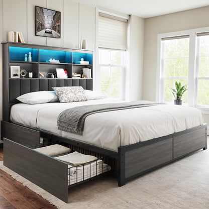 HISOFT Rustic Grey Queen Bed Frame with Storage Headboard, Drawers, LED Lighting & Charging Station - WoodArtSupply