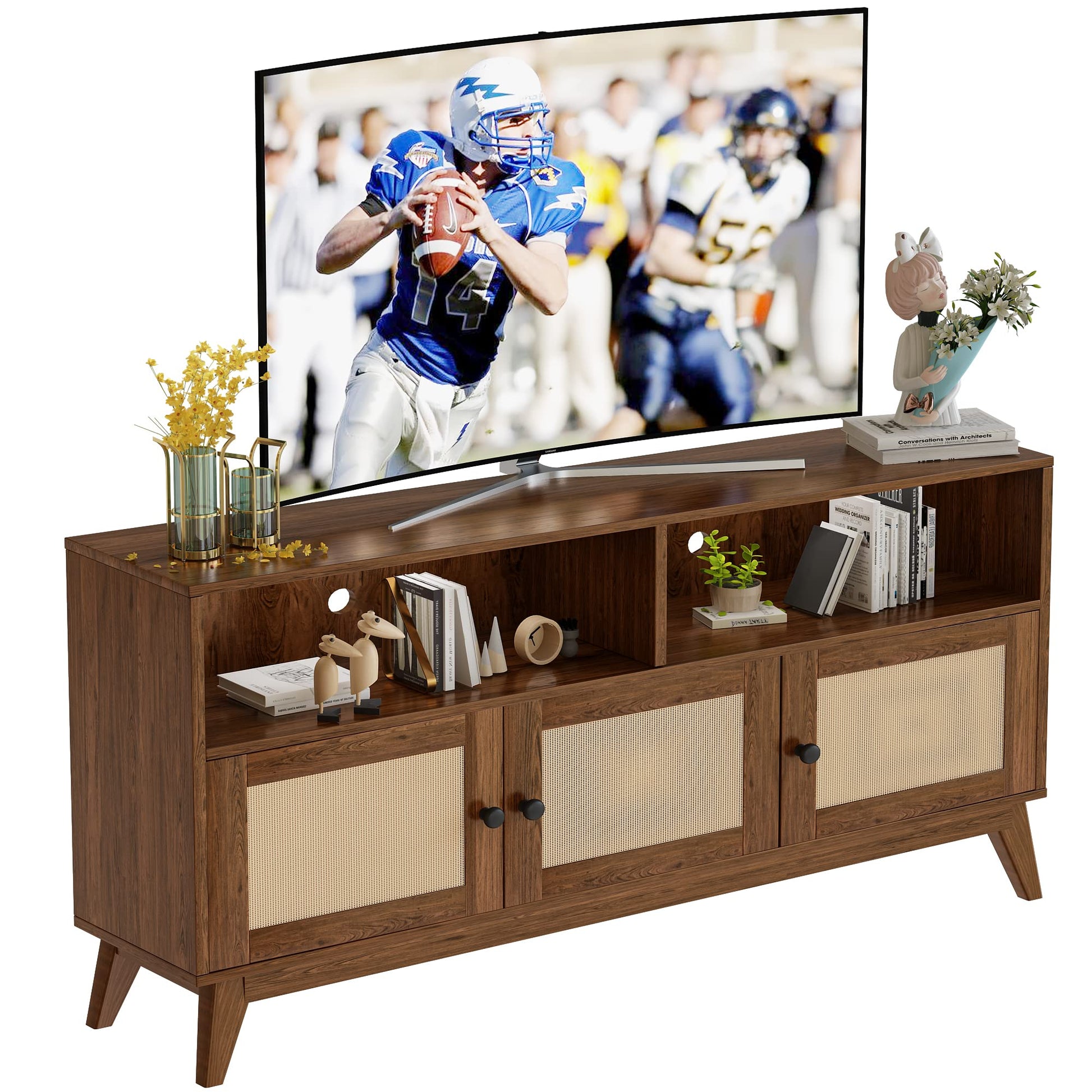 AWQM TV Stand for Living Room, Mid Century Modern TV Console, Rattan Entertainment Center with Storage and Open Shelves, Walnut - WoodArtSupply