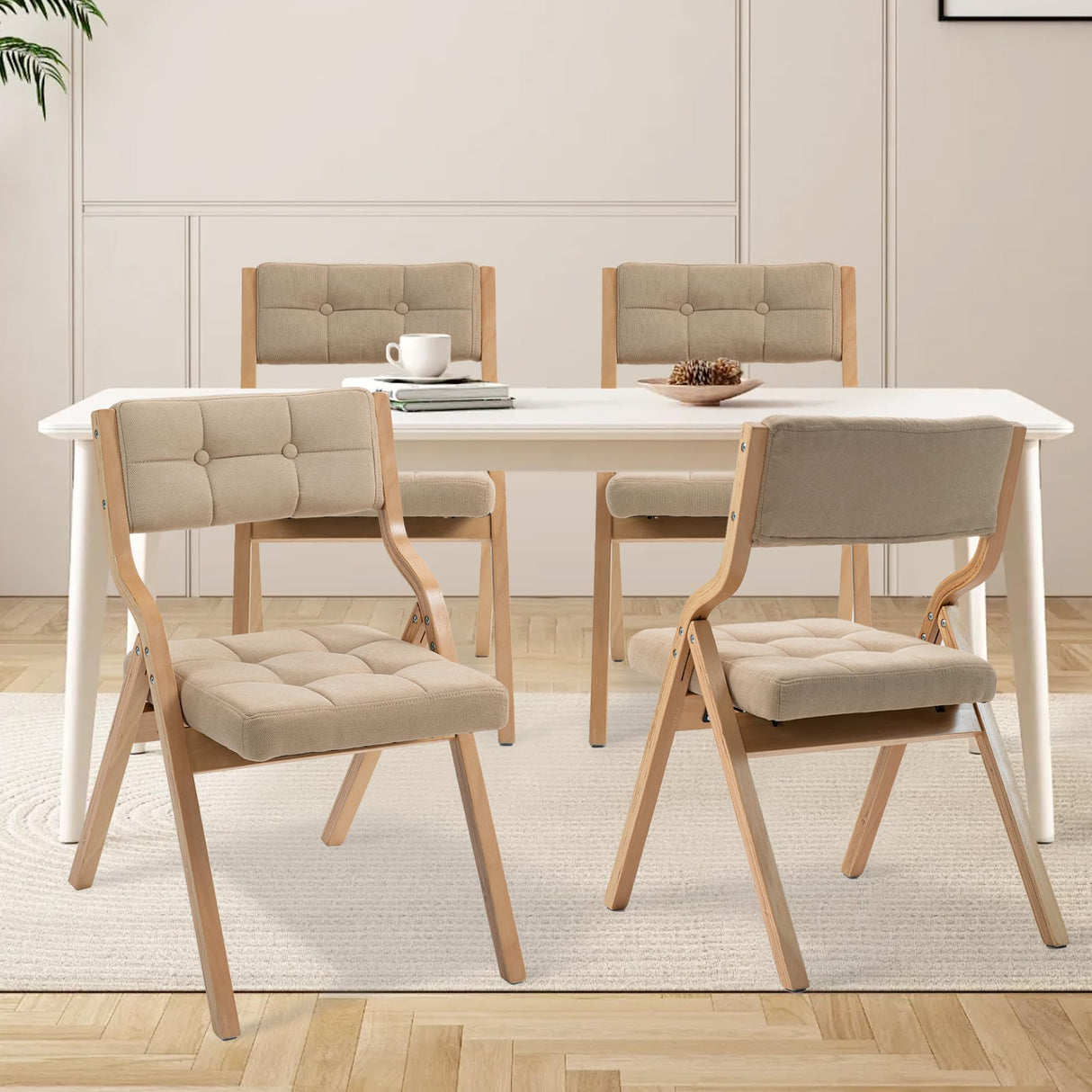 HOMEFUN Folding Chairs with Cushion, Wooden Padded Folding Chairs 4 Pack, Portable and Assembled Folding Dining Chair for Guests Kitchen Office Wedding and Party, Khaki HOMEFUN