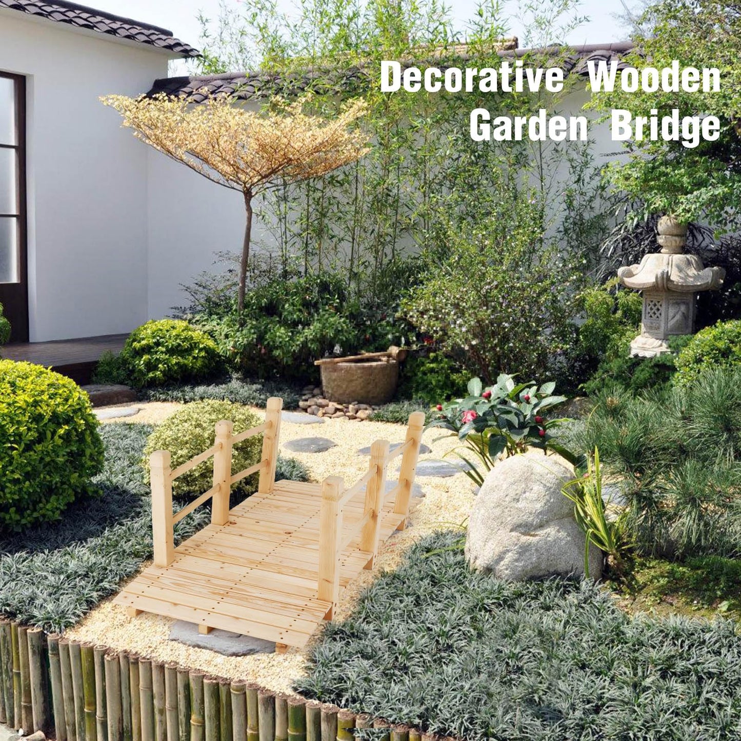 Giantex 5 ft Garden Bridge - Natural Wood Arc Footbridge Walkway with Side Railings, Decorative Wooden Bridge Landscaping for Backyard Farm Garden Creek Pond Decor, Easy to Assemble (Natural) - WoodArtSupply