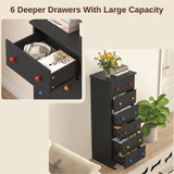LIKIMIO Tall Skinny Dresser, 6 Drawer Dresser Tall with Colorful Handles, Chest of Drawers for Bedroom, 51.5" H Modern Wooden Storage Cabinet with Metal Sliding Rail, Black LIKIMIO