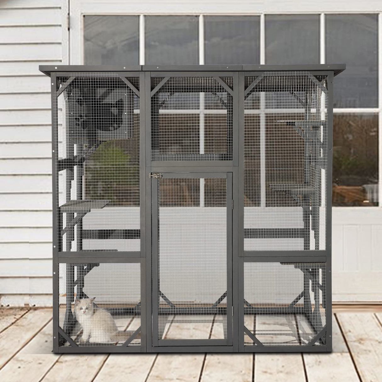 LEISU Large Outdoor Cat House Outdoor Wooden Cat Cage Cat Enclosure with Weatherproof Large Run, Jumping Platforms for Play Catio Cat Patio with Large Entrance Easy to Clean (Dark Grey) LEISU