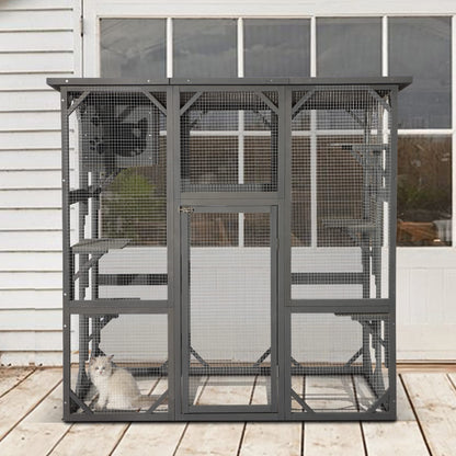 LEISU Large Outdoor Cat House Outdoor Wooden Cat Cage Cat Enclosure with Weatherproof Large Run, Jumping Platforms for Play Catio Cat Patio with Large Entrance Easy to Clean (Dark Grey) - WoodArtSupply