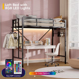 LIPIGE Loft Beds,Loft Bed Twin with Built-in Power Outlet LED Lights,Clothing Hanger Space Saving,Storage Pouch,Heavy Duty Metal Safety Guard Rail for Kids Teens Adults,No Box Spring Needed,Black LIPIGE