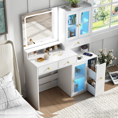 Fameill Makeup Vanity Desk with Mirror and Lights, White Makeup Vanity with 4 Drawers and Charging Station, Vanity Table with RGB Cabinet, Dressing Table for Bedroom