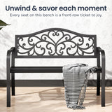 PHI VILLA 43 Inch Cast Iron Steel Frame Outdoor Garden Bench, Patio Furniture Chair Bench w/Floral Design Backrest, Slatted Seat for Park, Yard, Porch - Black PHI VILLA