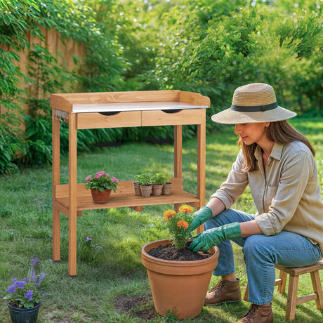 36.4" H Outdoor Potting Bench with Storage, Wooden Workstation Garden Potting Table with Metal Tabletop, 2 Drawers, Shelf and 3 Hooks, All-Weather Work Station for Garden, Patio & Lawns (Wood Color) BIVVI