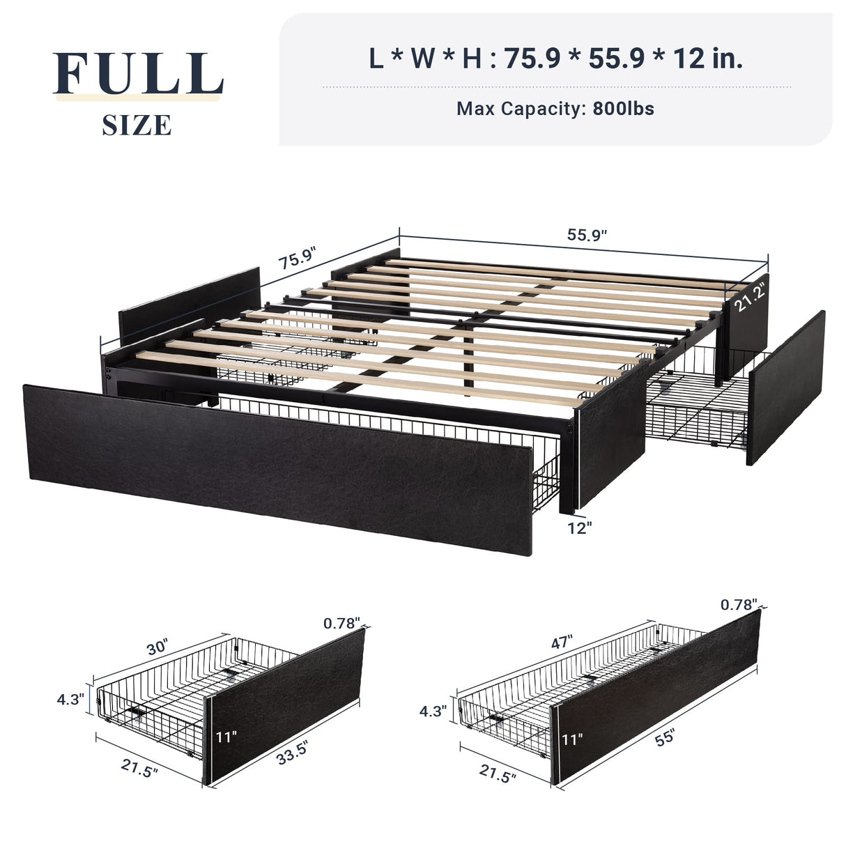 Allewie Full Size Platform Bed Frame with 3 Storage Drawers, Faux Leather Upholstered, Wooden Slats Support, No Box Spring Needed, Easy Assembly, Black Allewie