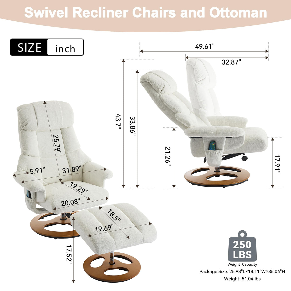 Chenille Swivel Recliner with Ottoman - Massage Recliner Chair with Heat & 360° Rotate, Swivel Stressless Reclining Chair with Ottoman & Remote-Control Massage, Manual Recliners for Bedroom (White) JCRRFLT