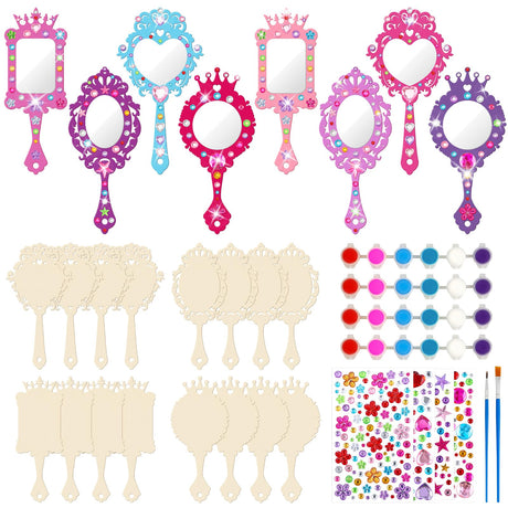 Juexica 16 Sets Wooden Mirror Craft for Girls Kid DIY Decorate Your Own Princess Mirror Unbreakable Paint Hand for Princess Tea Party Gift for Back to School Christmas Birthday Art Activities Favors Juexica